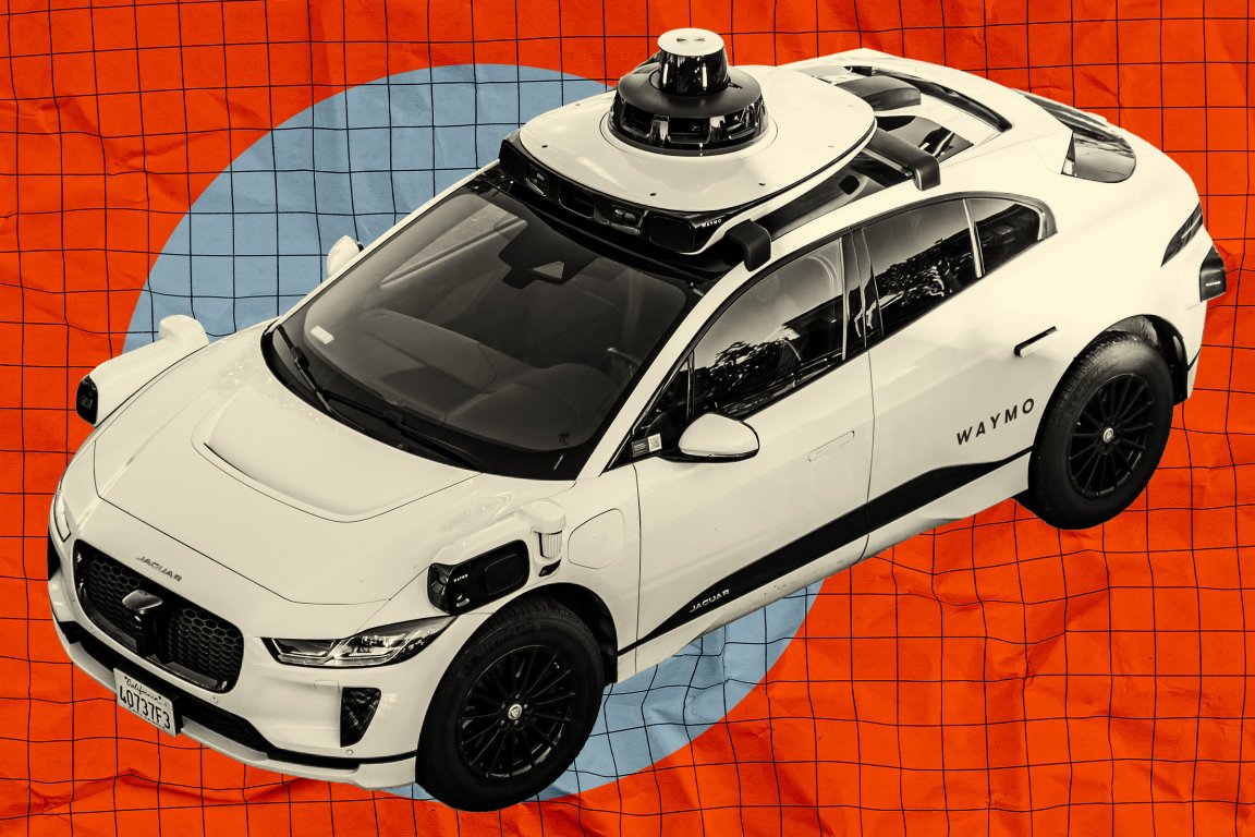 A stylized photo illustration featuring a Waymo vehicle from above.