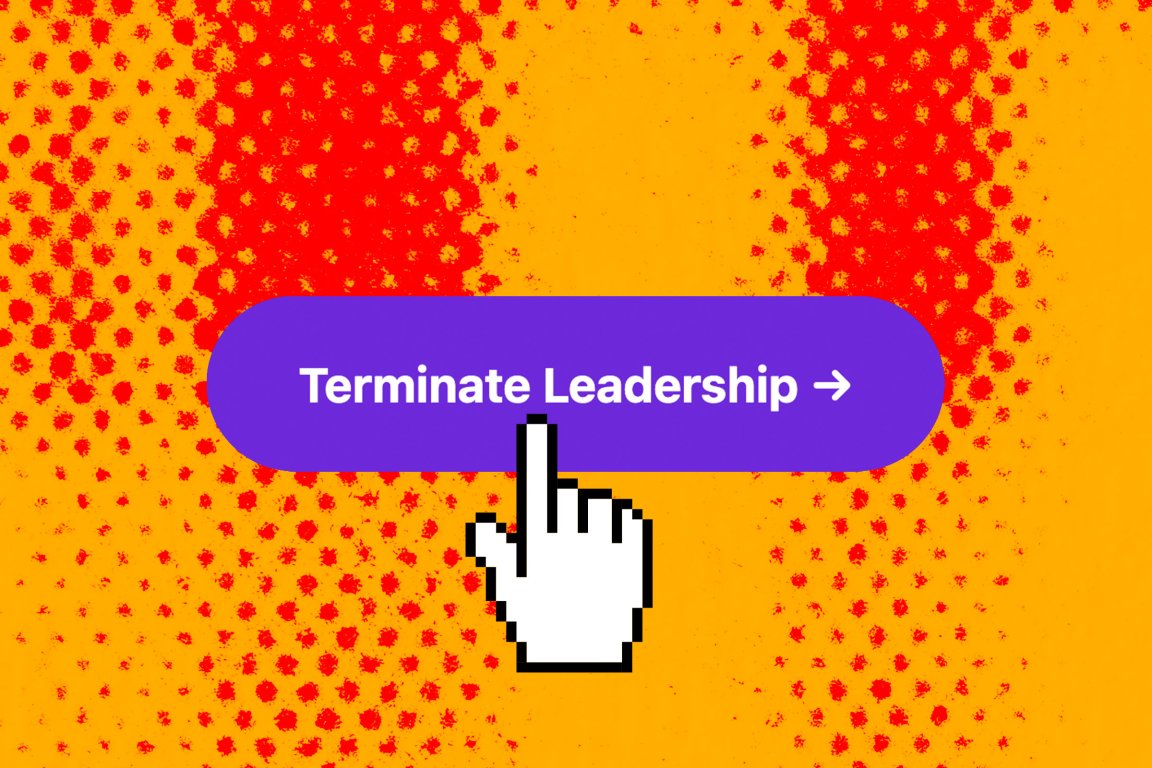 An illustration featuring the "terminate leadership" button found on overpaid.lol with a pixelated computer cursor over it.