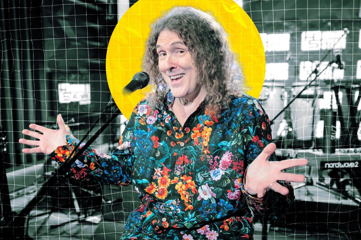 A stylized photo illustration featuring "Weird Al" Yankovic.