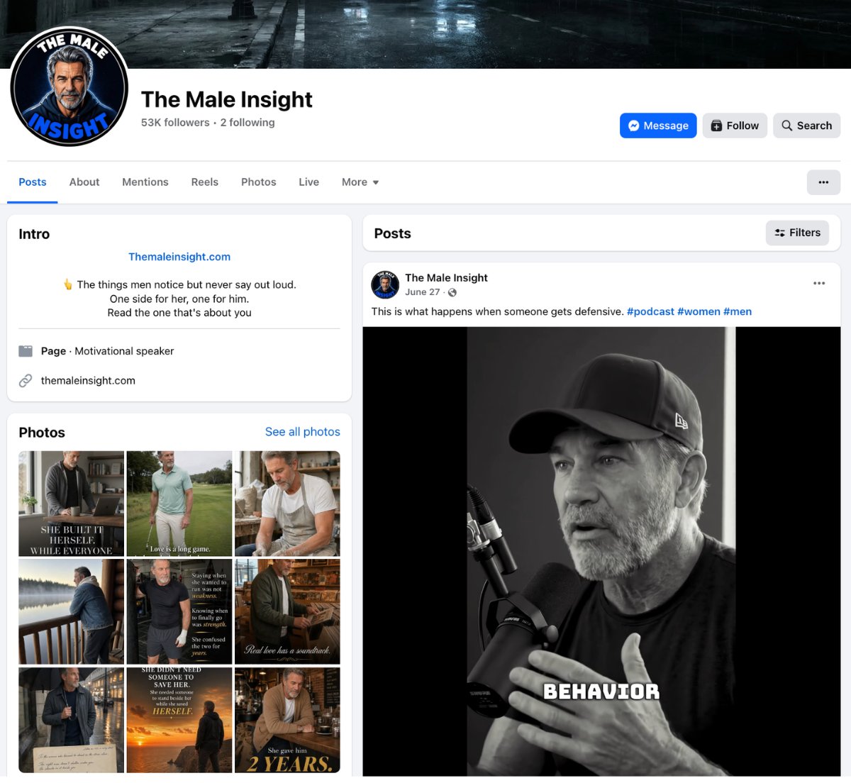 A screenshot showing "The Male Insight," an AI-generated podcast-style character that's accumulating tons of views on Facebook.