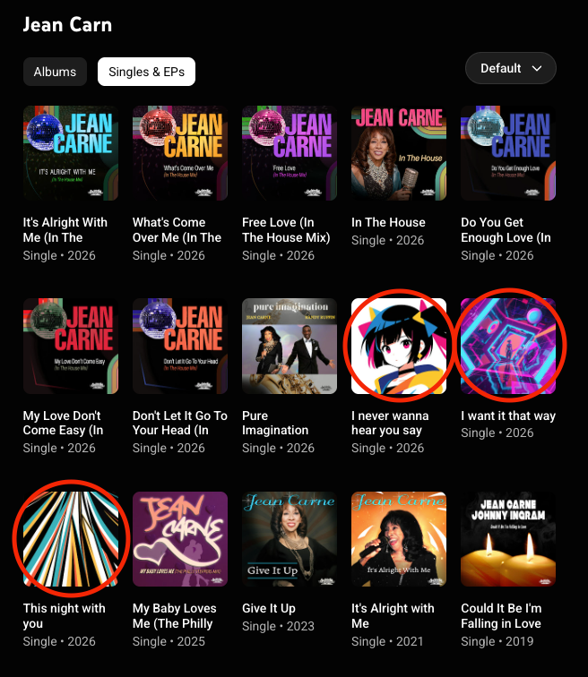 A screenshot from Jean Carne's artist profile on Spotify, with three AI-generated tracks circled in red among several legitimate songs.