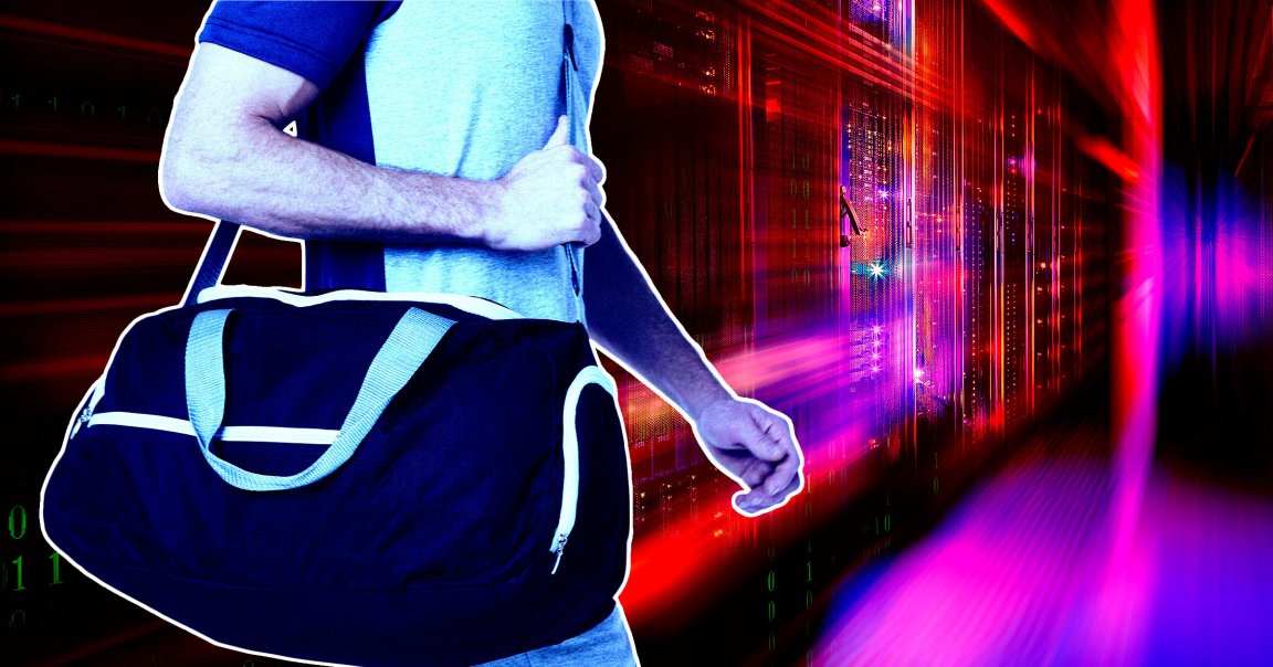 A photo illustration of a man with a gym bag inside a data center.