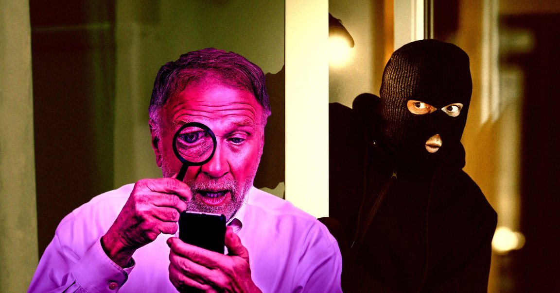 A photo illustration of an old man looking at a smartphone with a thief behind him.