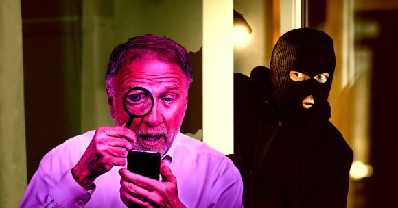 A photo illustration of an old man looking at a smartphone with a thief behind him.