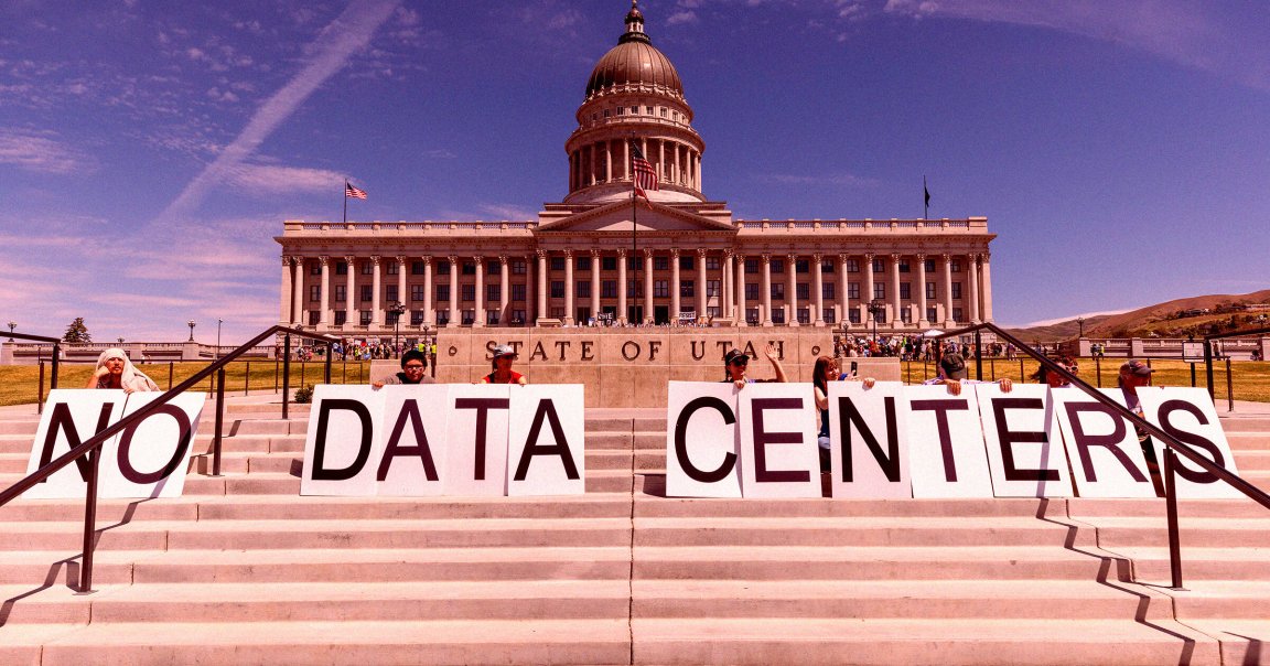 Demonstrators take part in a protest at the Utah State Capitol to oppose the construction of the Stratos data center in Box Elder County.