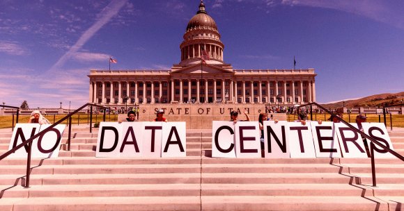 Demonstrators take part in a protest at the Utah State Capitol to oppose the construction of the Stratos data center in Box Elder County.