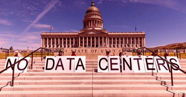 Demonstrators take part in a protest at the Utah State Capitol to oppose the construction of the Stratos data center in Box Elder County.
