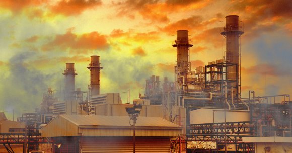 A photo illustration of a gas power station generating pollution.
