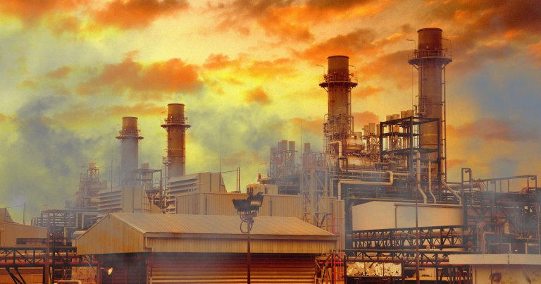 A photo illustration of a gas power station generating pollution.