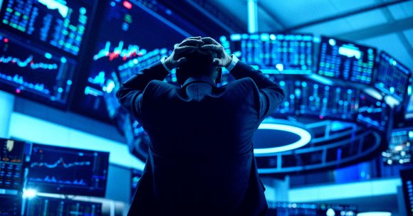 Stressed Stock Exchange Trader Can't Apprehend a Sudden Stock Market Collapse.