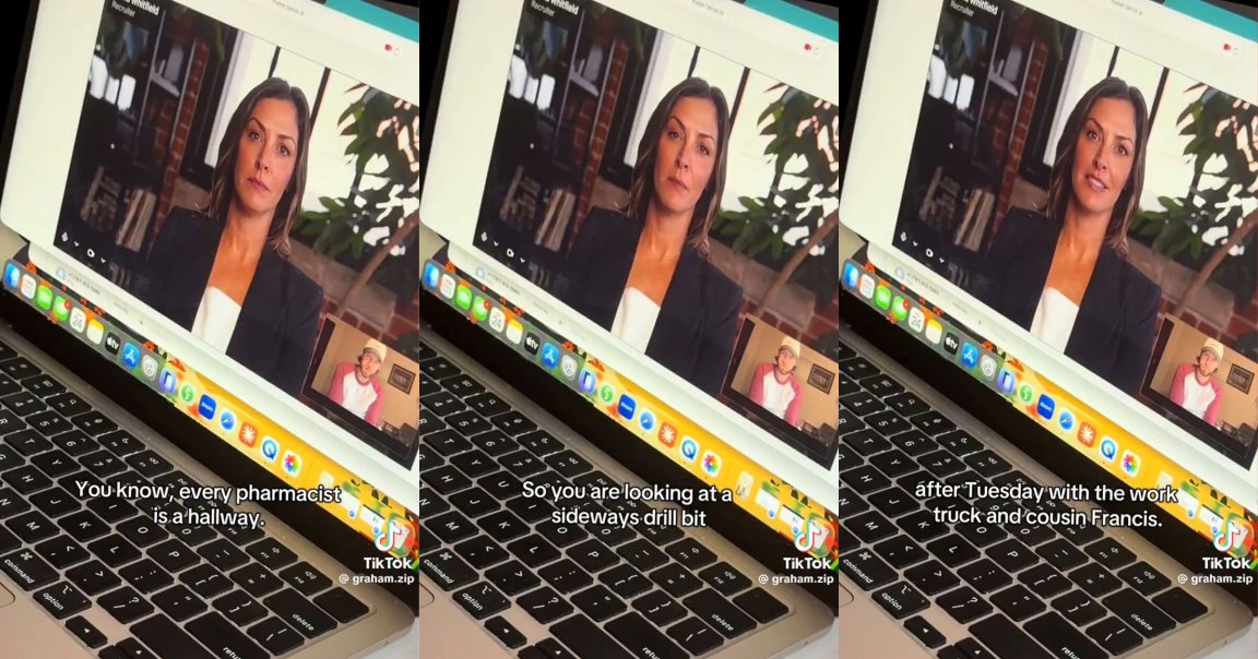 A laptop screen shows a video call between a woman with shoulder-length brown hair wearing a black blazer and white top, and a man in a pink and white shirt with a beige cap. The woman appears serious, while the man is seated in a room with a framed picture on the wall. The video call interface displays the woman's name as "Whitfield, Recruiter." Subtitles on the screen read: "You know, every pharmacist is a hallway," "So you are looking at a sideways drill bit," and "after Tuesday with the work truck and cousin Francis." The TikTok username "@graham.zip" is visible in the bottom right corner.