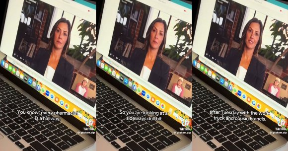 A laptop screen shows a video call between a woman with shoulder-length brown hair wearing a black blazer and white top, and a man in a pink and white shirt with a beige cap. The woman appears serious, while the man is seated in a room with a framed picture on the wall. The video call interface displays the woman's name as "Whitfield, Recruiter." Subtitles on the screen read: "You know, every pharmacist is a hallway," "So you are looking at a sideways drill bit," and "after Tuesday with the work truck and cousin Francis." The TikTok username "@graham.zip" is visible in the bottom right corner.