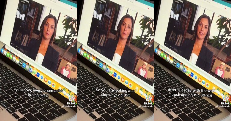 A laptop screen shows a video call between a woman with shoulder-length brown hair wearing a black blazer and white top, and a man in a pink and white shirt with a beige cap. The woman appears serious, while the man is seated in a room with a framed picture on the wall. The video call interface displays the woman's name as "Whitfield, Recruiter." Subtitles on the screen read: "You know, every pharmacist is a hallway," "So you are looking at a sideways drill bit," and "after Tuesday with the work truck and cousin Francis." The TikTok username "@graham.zip" is visible in the bottom right corner.