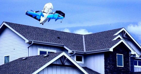 A color-treated photo of an Amazon done delivering a package.