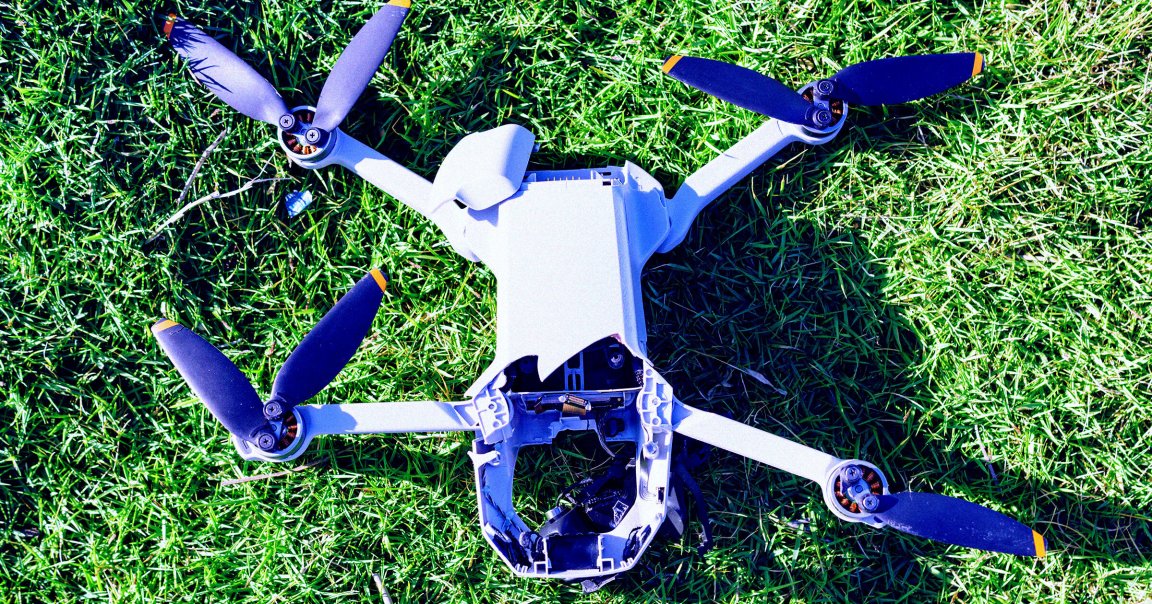 A color-treated photo of a drone that has been damaged.