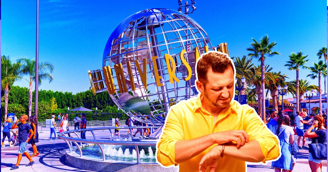 A photo illustration of a man scratching himself at Universal Studios.