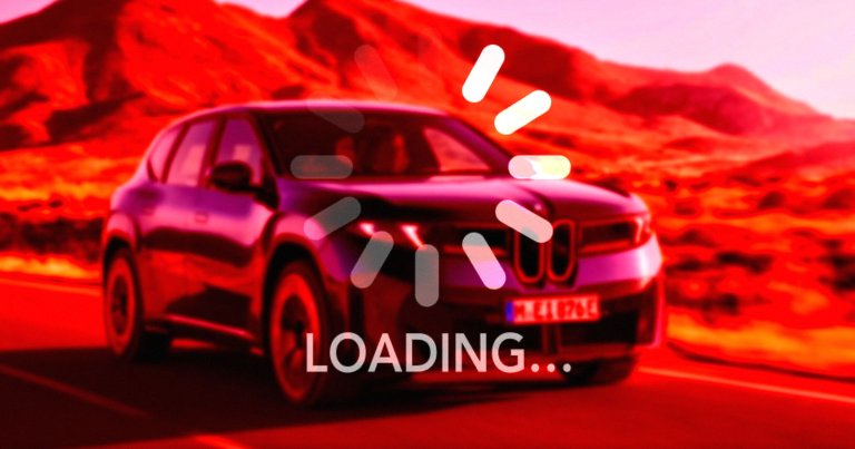 A photo of a BMW car with a red loading screen overlay.