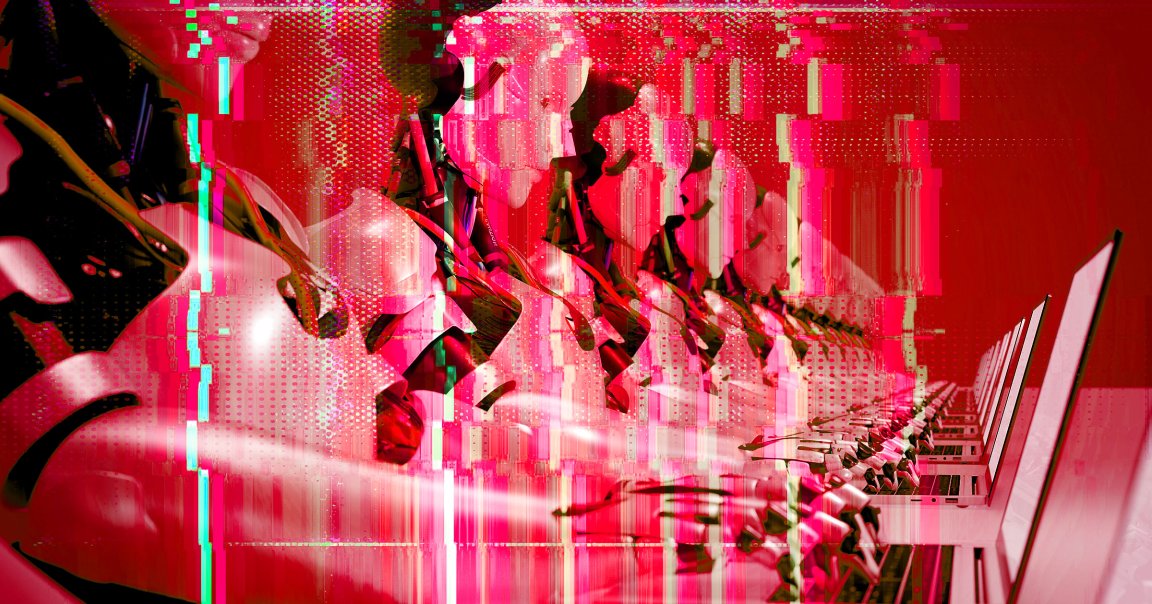 A photo illustration of a row of robots sitting in front of laptops.