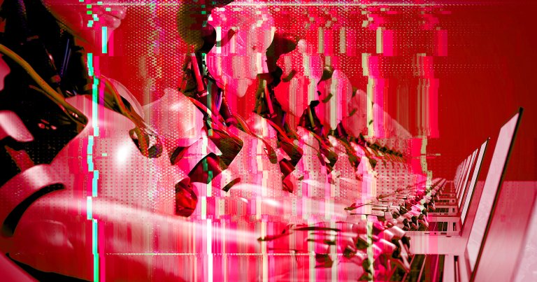 A photo illustration of a row of robots sitting in front of laptops.