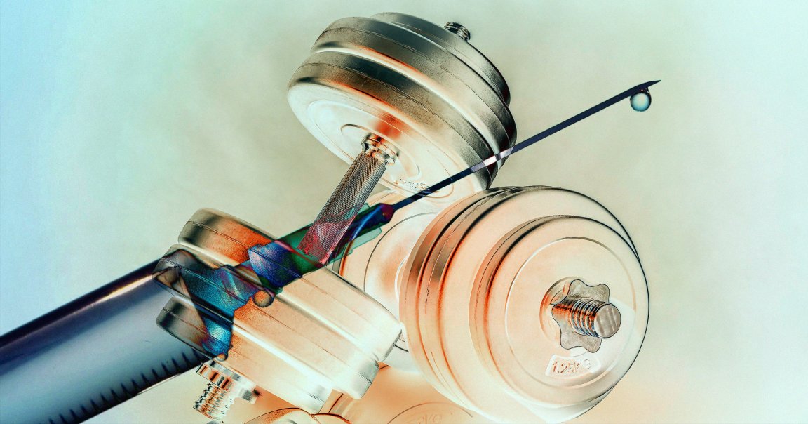 A photo illustration of a syringe and dumbbells.
