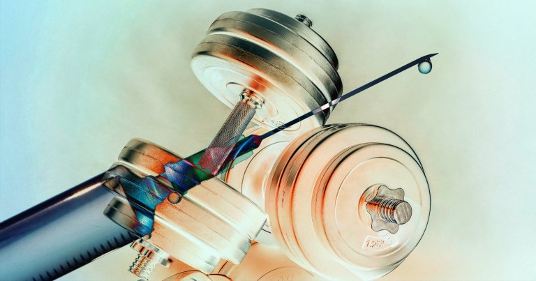 A photo illustration of a syringe and dumbbells.
