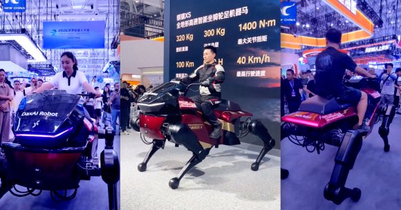 Screenshots of convention goers riding a robot horse.