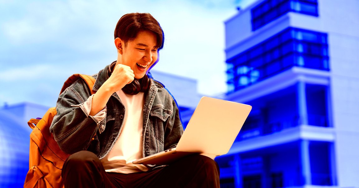A photo illustration of a student looking at a laptop.
