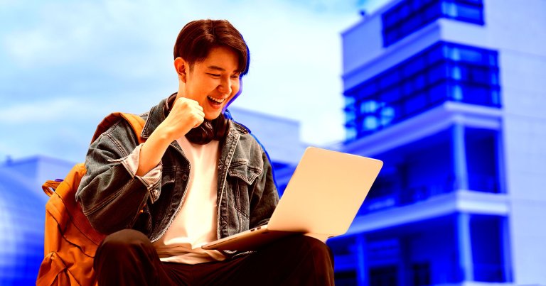A photo illustration of a student looking at a laptop.