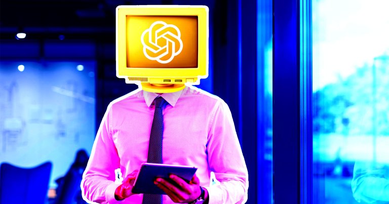 A photo illustration of an office worker with a computer screen as a head.