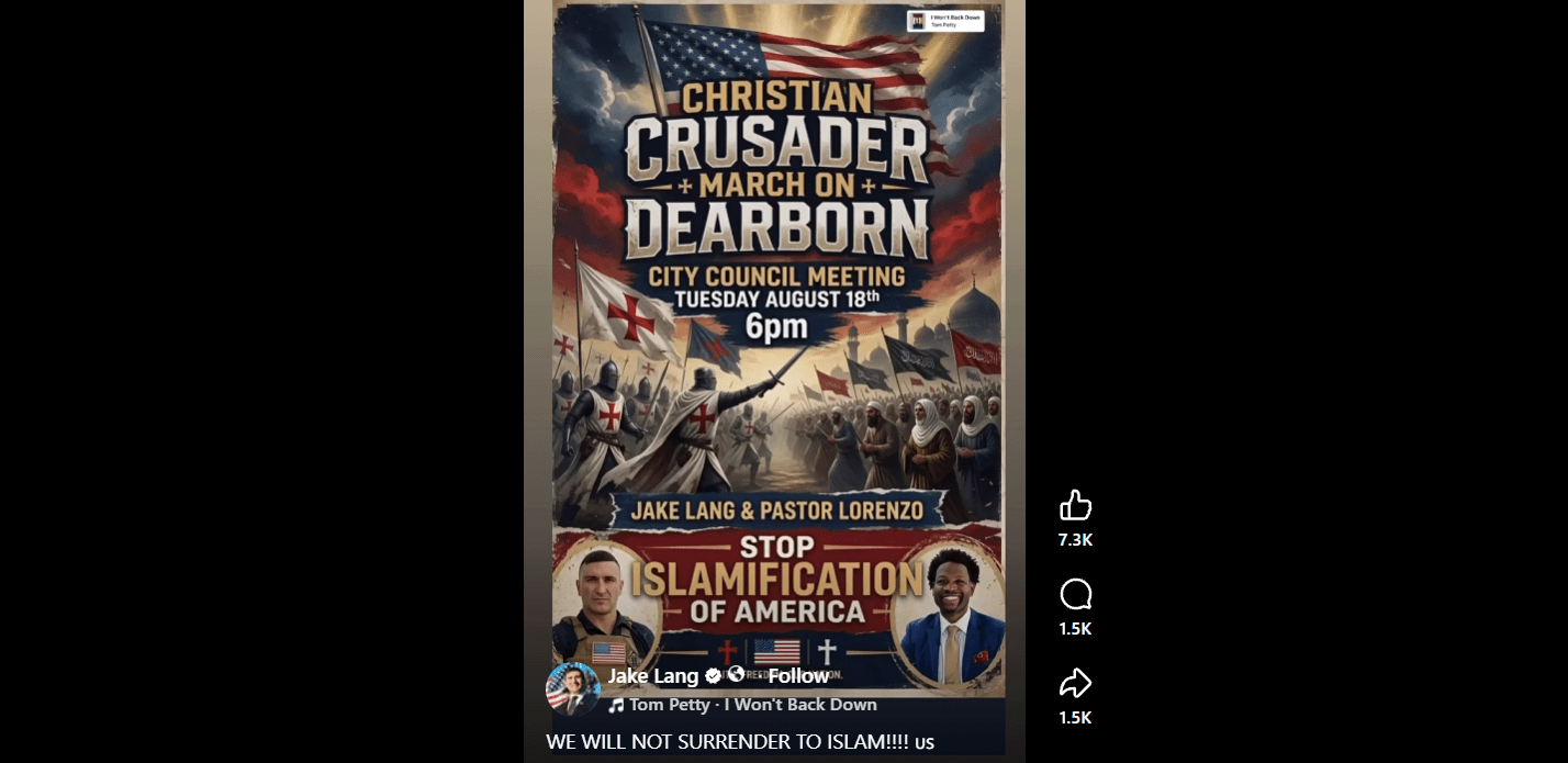 A screenshot shows an AI-generated poster on Facebook advertising a "Christian Crusader March on Dearborn" to "stop Islamification of America" and saying "WE WILL NOT SURRENDER TO ISLAM!!!!!"