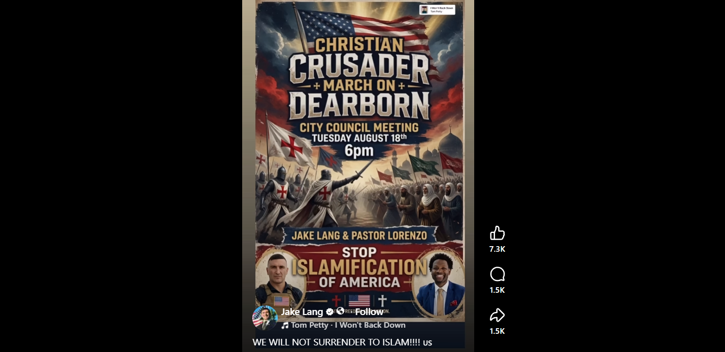 A screenshot shows an AI-generated poster on Facebook advertising a "Christian Crusader March on Dearborn" to "stop Islamification of America" and saying "WE WILL NOT SURRENDER TO ISLAM!!!!!"