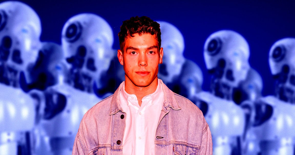 A photo illustration of Derek Chadwick in front of a row of robots.