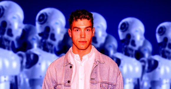 A photo illustration of Derek Chadwick in front of a row of robots.
