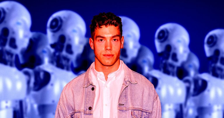 A photo illustration of Derek Chadwick in front of a row of robots.