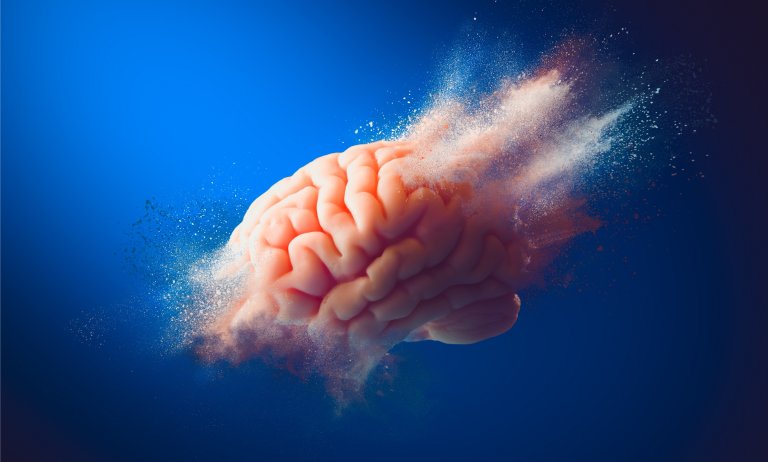 An illustration shows a human brain dissolving into particles.