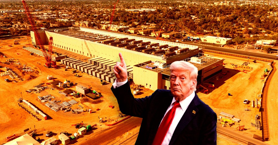 A photo illustration of president Donald Trump pointing at a data center construction project.