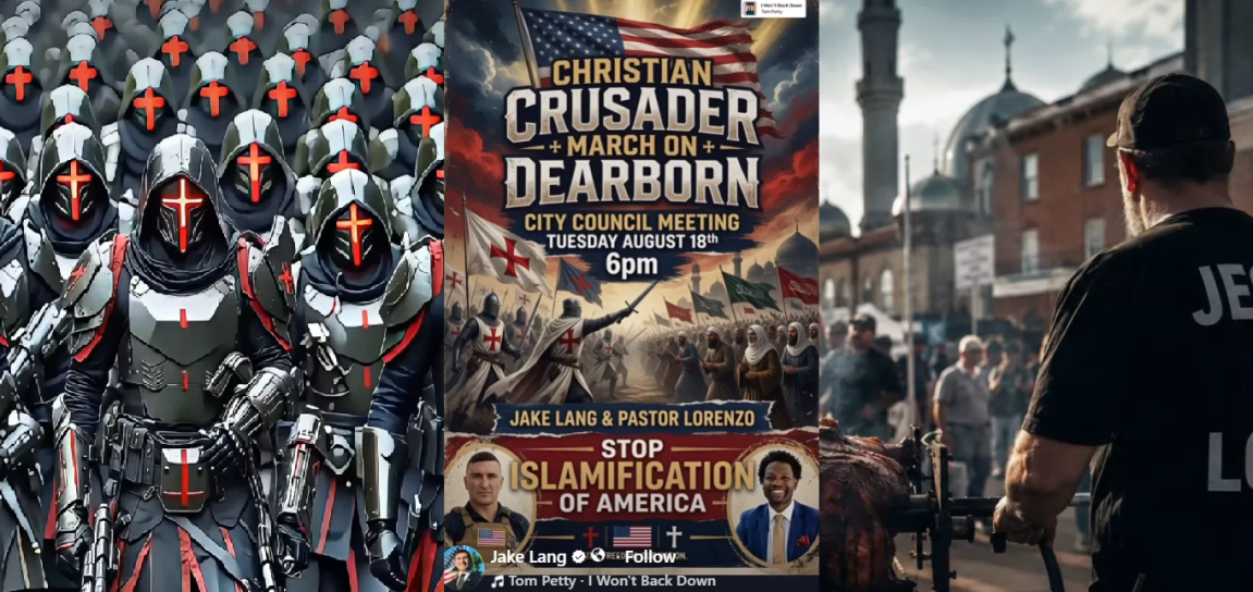 A triptych of images shows an army of robotic-looking Crusaders armed with guns, a poster calling for a "Christian Crusader March on Dearborn," and a man roasting a pig in front of a mosque.