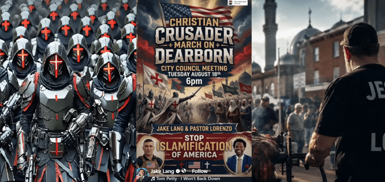 A triptych of images shows an army of robotic-looking Crusaders armed with guns, a poster calling for a "Christian Crusader March on Dearborn," and a man roasting a pig in front of a mosque.