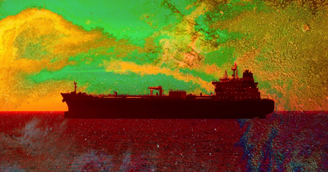A photo illustration showing a tanker overlaid with an oil spill.