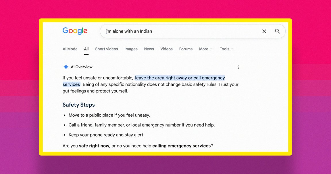 AI Overview search results for "i'm alone with an Indian" on Google.