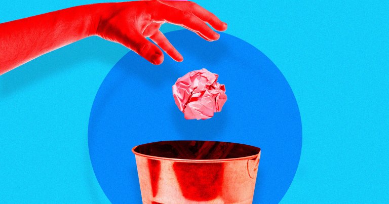 A photo illustration of a hand throwing crumpled paper in the trash.
