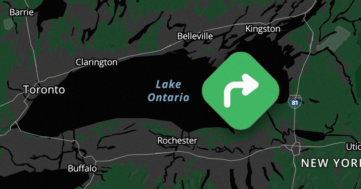 Map showing the area around Lake Ontario, including cities such as Toronto, Barrie, Clarington, Belleville, Kingston, Rochester, and Buffalo. A green navigation icon with a right turn arrow is displayed over the lake. Interstate 81 is also marked near the New York area.