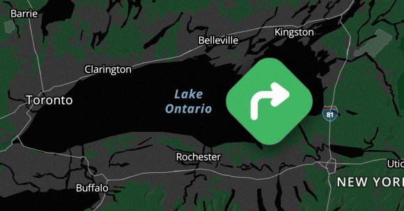 Map showing the area around Lake Ontario, including cities such as Toronto, Barrie, Clarington, Belleville, Kingston, Rochester, and Buffalo. A green navigation icon with a right turn arrow is displayed over the lake. Interstate 81 is also marked near the New York area.