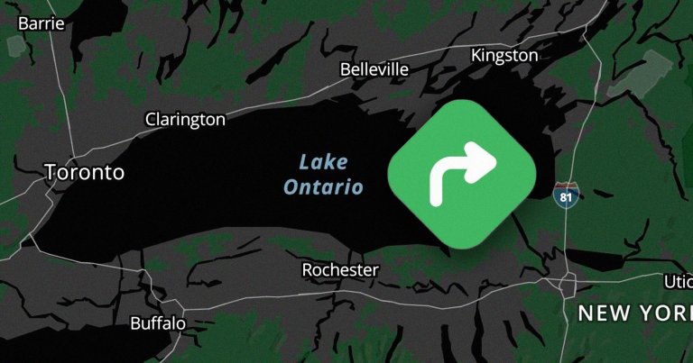 Map showing the area around Lake Ontario, including cities such as Toronto, Barrie, Clarington, Belleville, Kingston, Rochester, and Buffalo. A green navigation icon with a right turn arrow is displayed over the lake. Interstate 81 is also marked near the New York area.