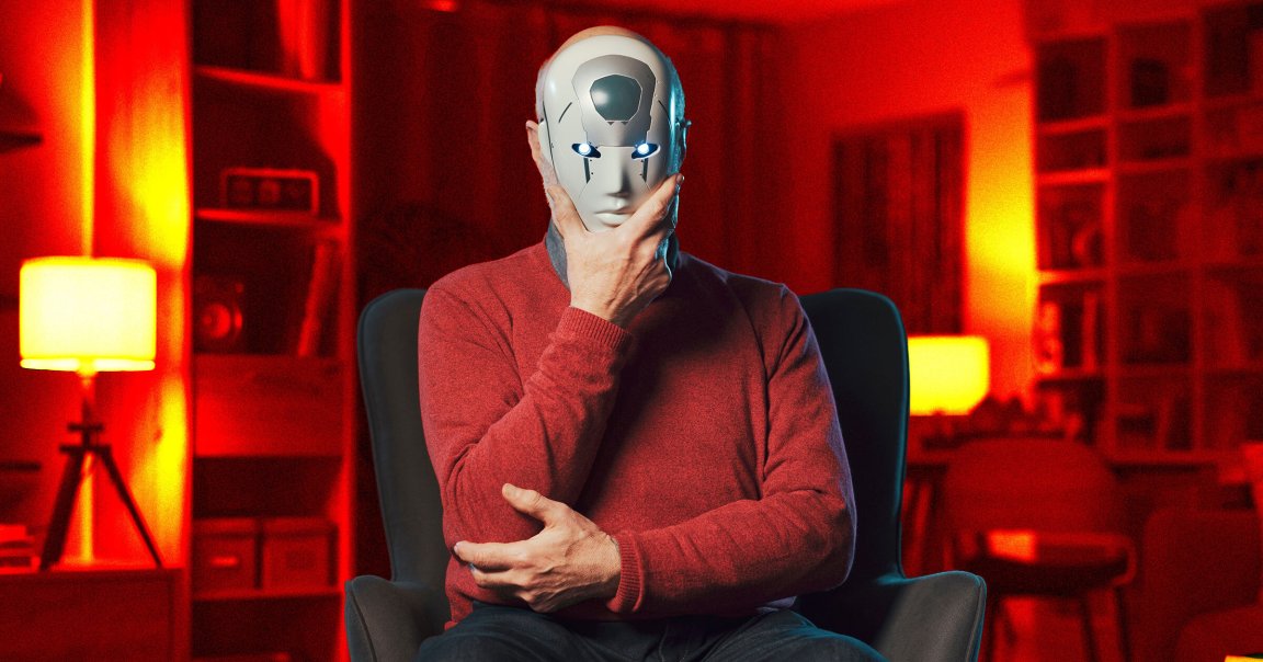 A photo illustration of a man wearing a robot mask.