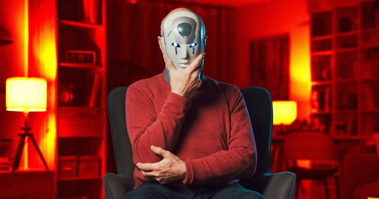 A photo illustration of a man wearing a robot mask.