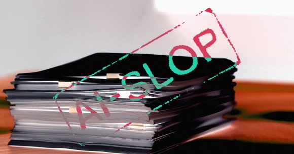 An illustration of a stamp that reads "AI Slop."
