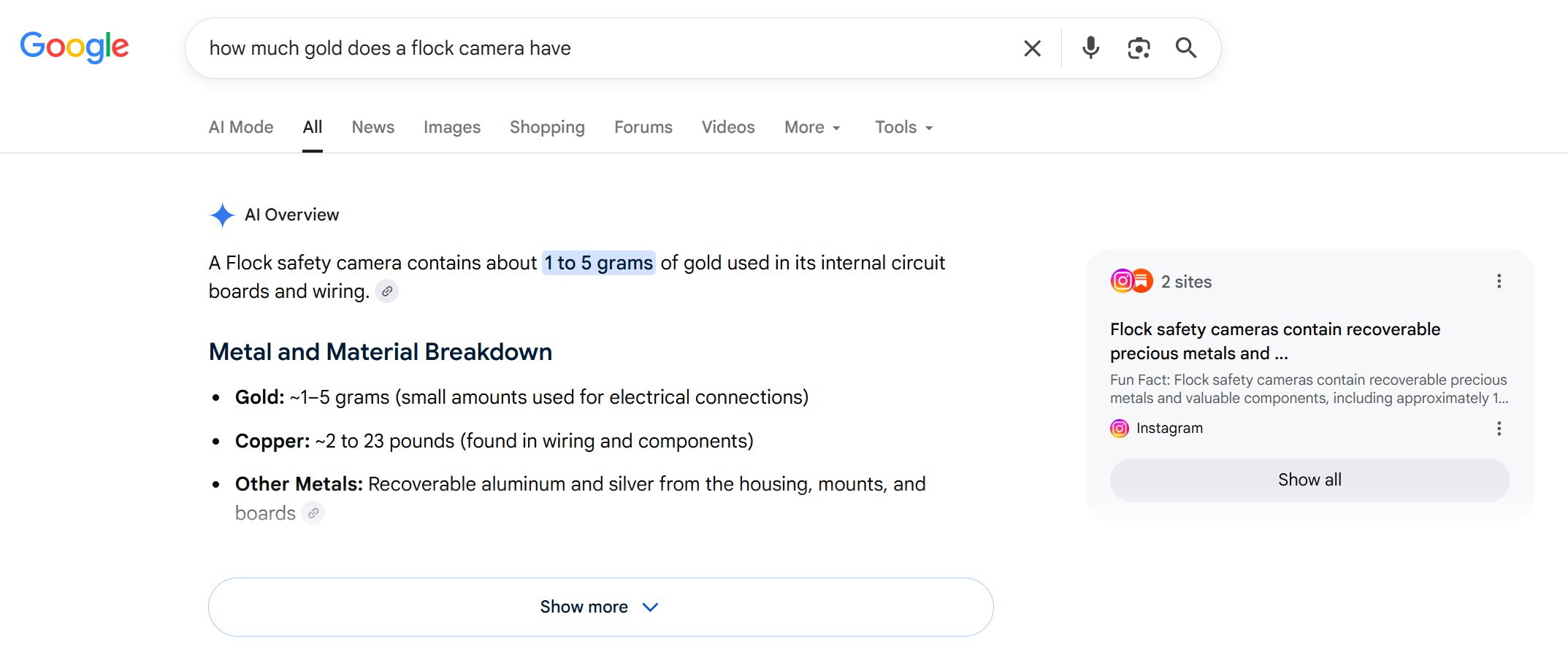 A screenshot of a Google search query for "how much gold does a flock camera have." The answer is an AI Overview, responding with hallucinated text.