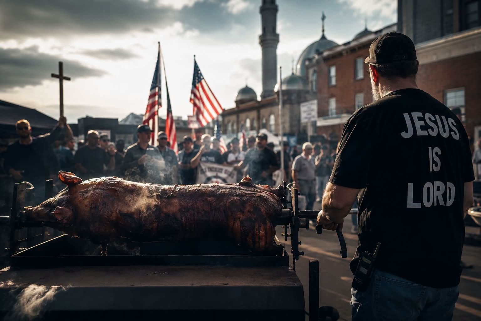 An AI-generated image depicting a group of Christian protestors roasting a whole pig while a mosque looms in the background.