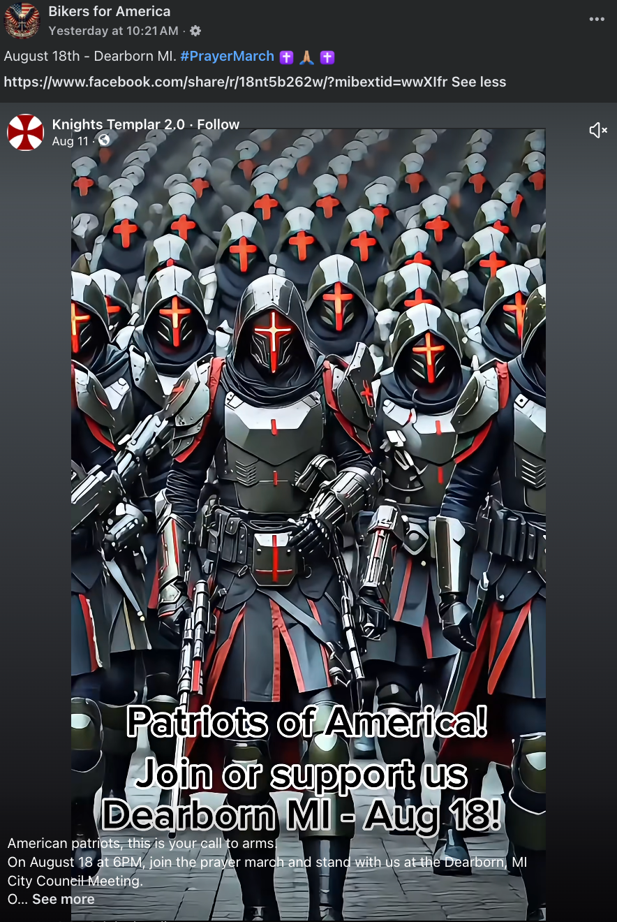 A screenshot of an AI-generated reel from the group "Bikers for America," featuring robotic Christian crusaders marching with guns and a call-to-action to join the protest on August 18.
